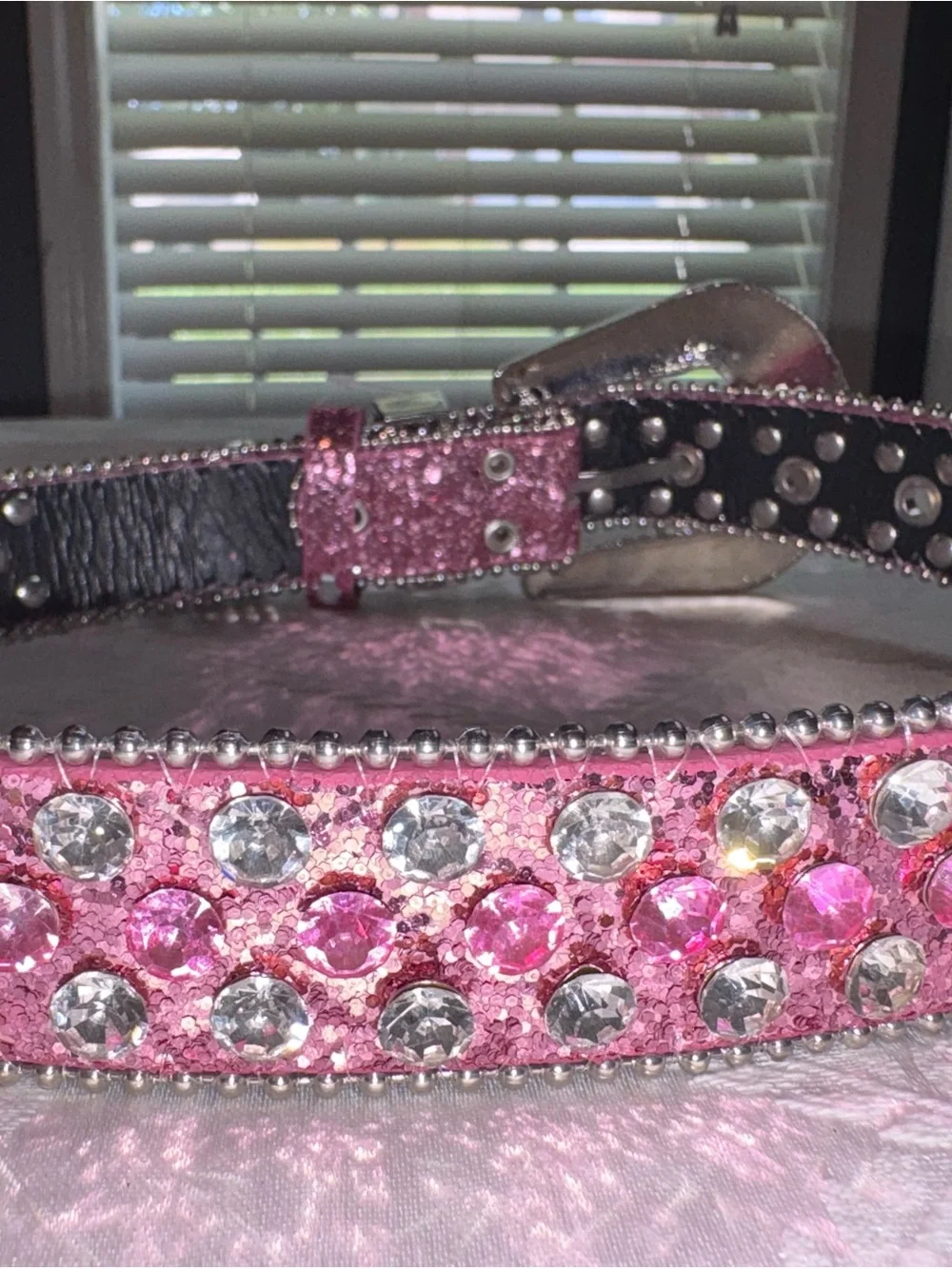 Girls' Pink Glitter Belt with Rhinestone Buckle-30in